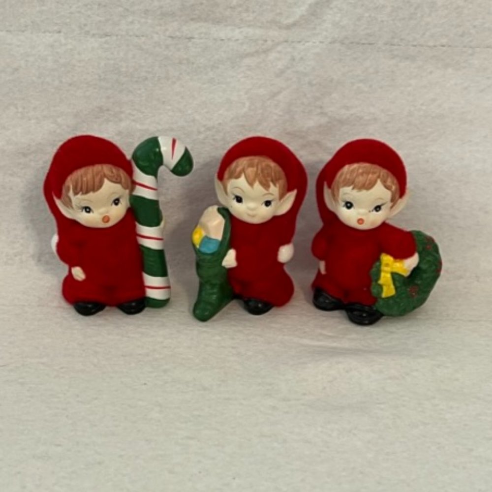 Rare Vintage Josef Originals Red Flocked Elf Figurines, Set of 3 Elves